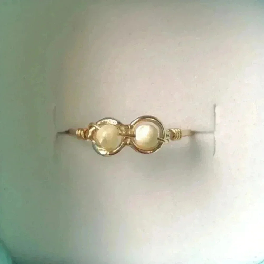 SZ 4 Dainty 10k Gold Filled Cream 2 Bead Ring Handmade